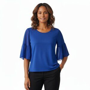 Ellen Tracy Business Casual Cobalt Flutter Bell Sleeve Blouse Size M Petite Boho